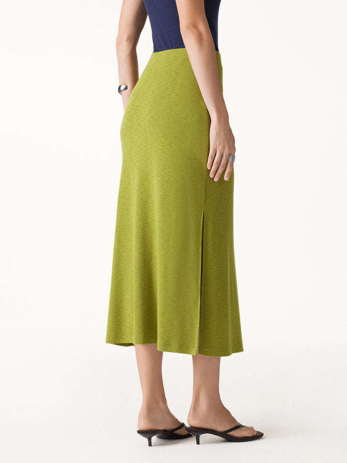 OGLmove 2Pcs Set Round Neck Elbow Sleeve Bra Top & Side-Slit A-Line Midi Skirt