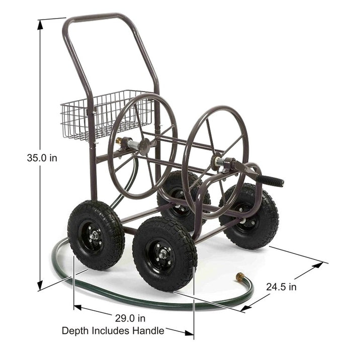 4 Wheel Garden Hose Reel Cart - 5/8 x 250 ft Capacity with Basket