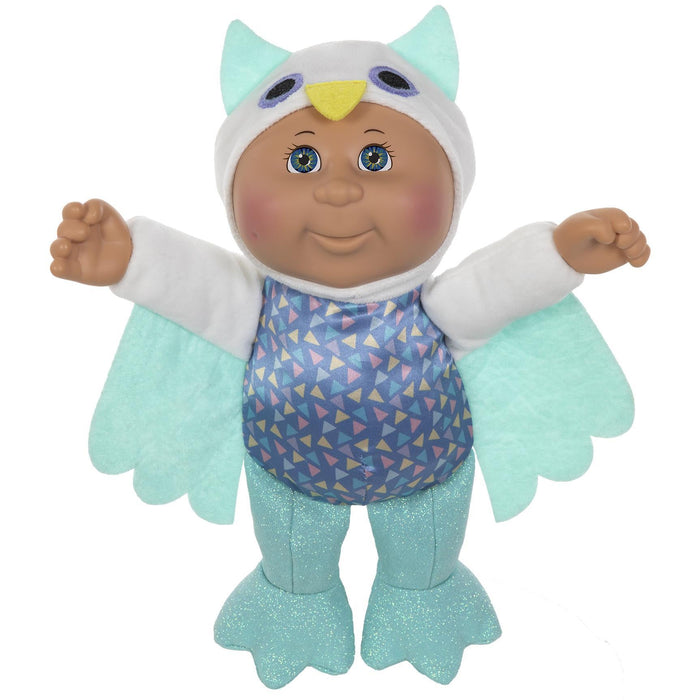 A 9-inch doll with hazel eyes, wearing a costume with owl features, from the Cutie Winter Wonderland Collection.