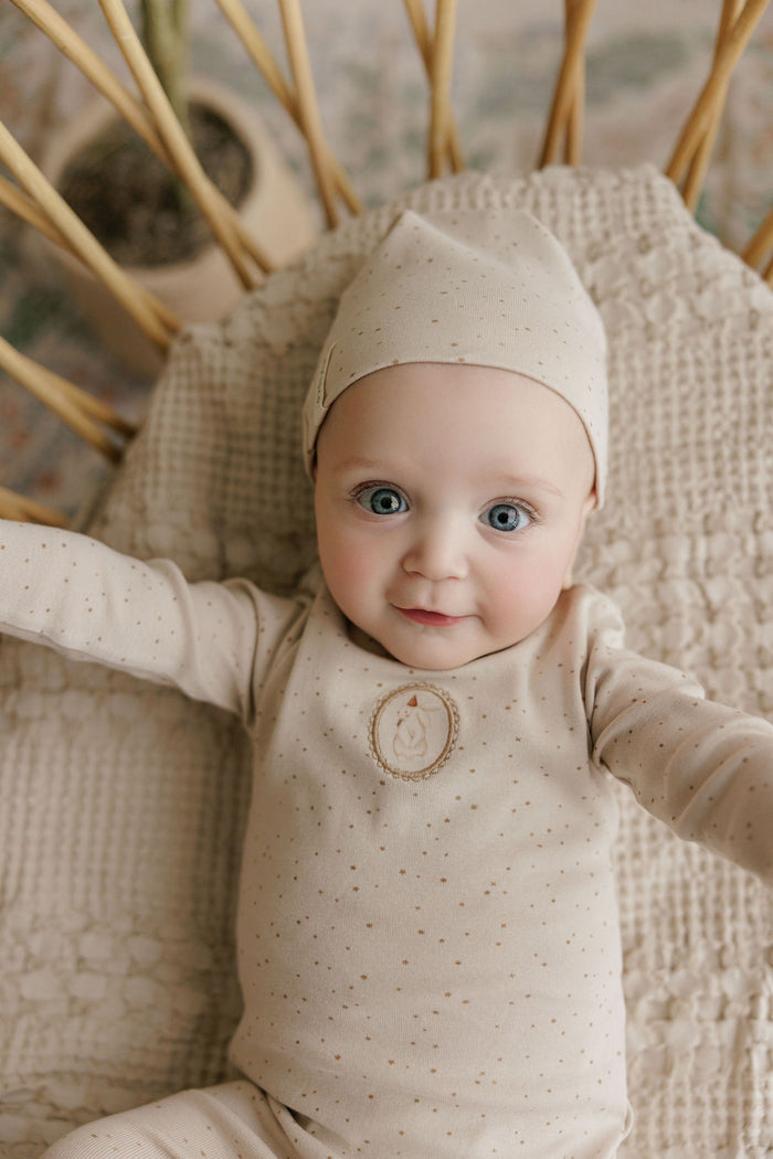 Baby Boy Footie and Beanie – Tan – Speckled Bunny