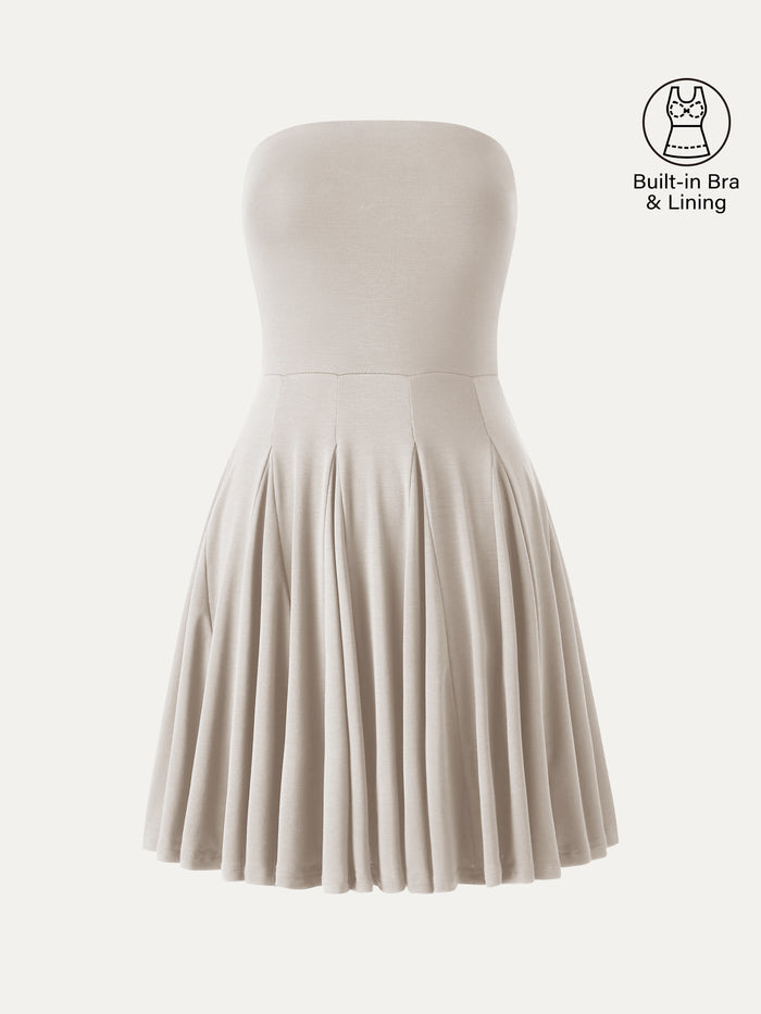 OGLmove Bandeau Godet Circle Flare Mini Bra Dress Light Ivory Beige XS