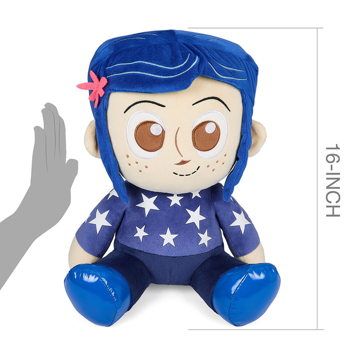 Coraline HugMe plush toy wearing a star sweater, 16-inch plush with shake action, soft and cuddly collectible from Coraline brand.