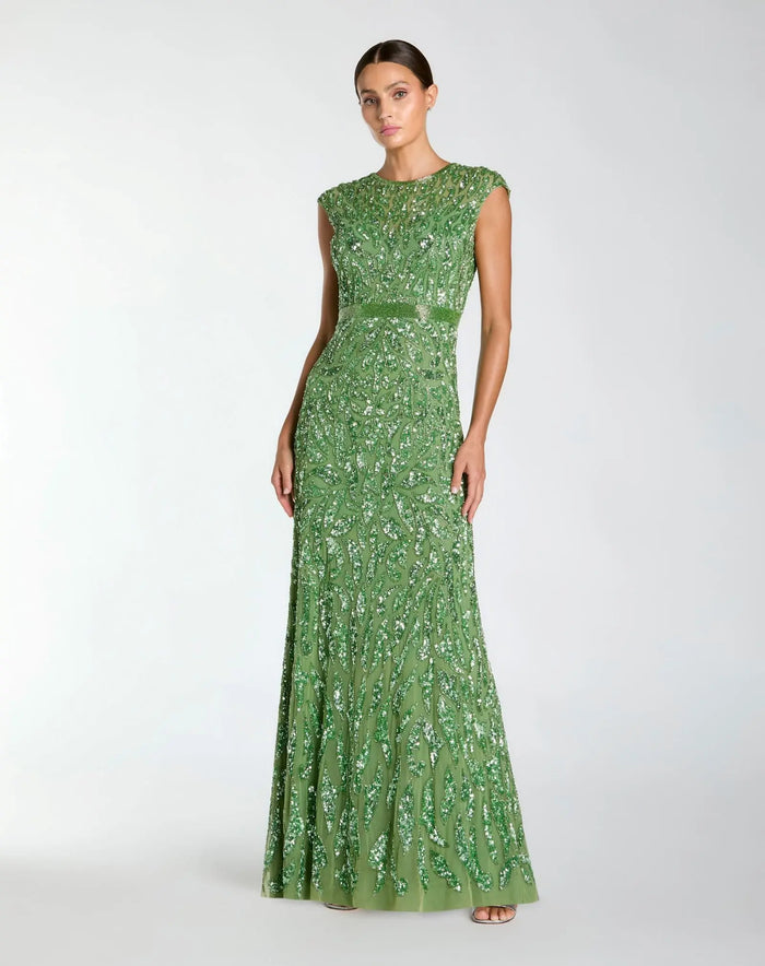 Green Embellished High Neck Cap Sleeve Gown - Mac Duggal