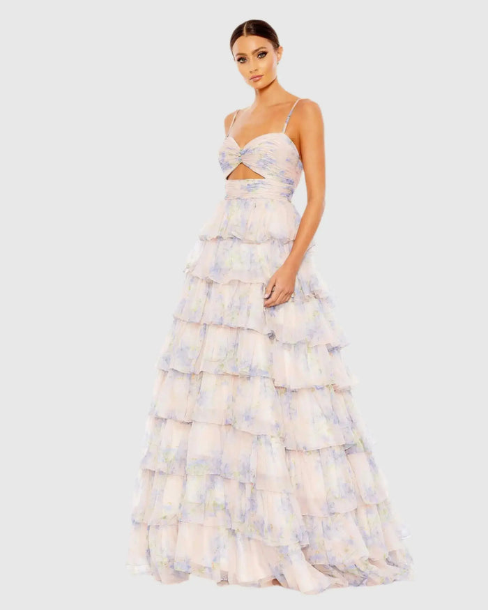Purple Floral Cut Out Ruffle Layered Gown - Mac Duggal
