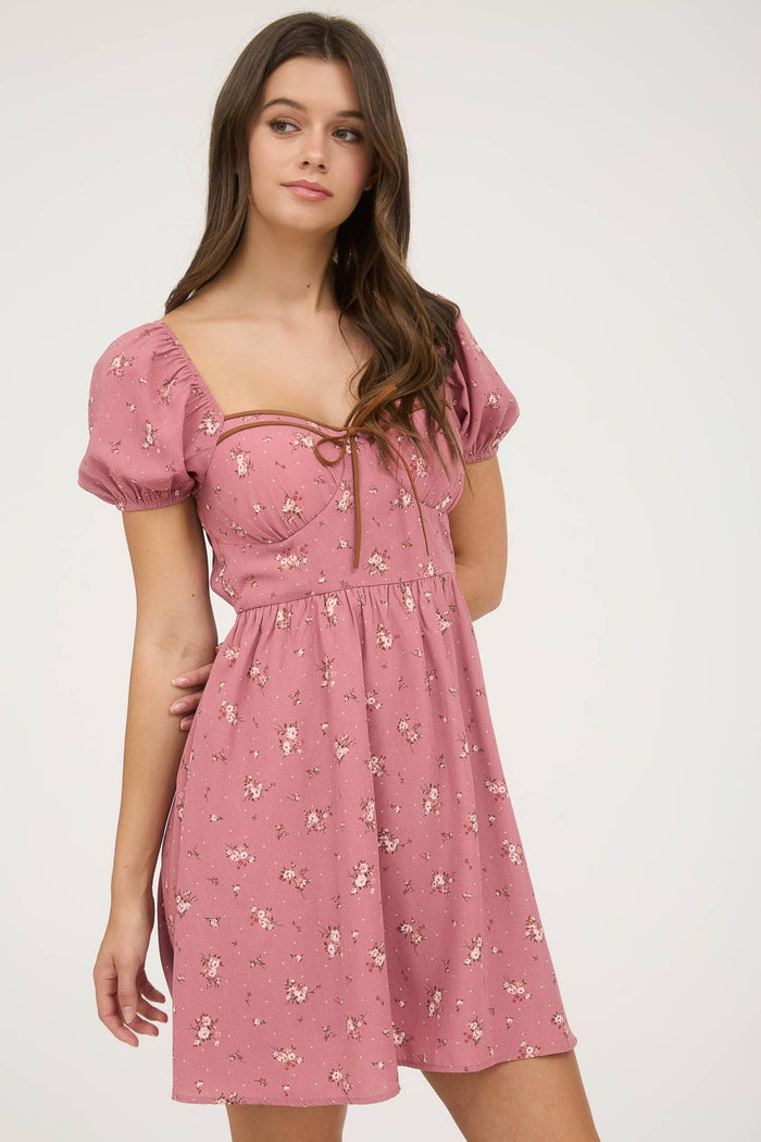 FLORAL SWEETHEART FRONT TIE MINI DRESS