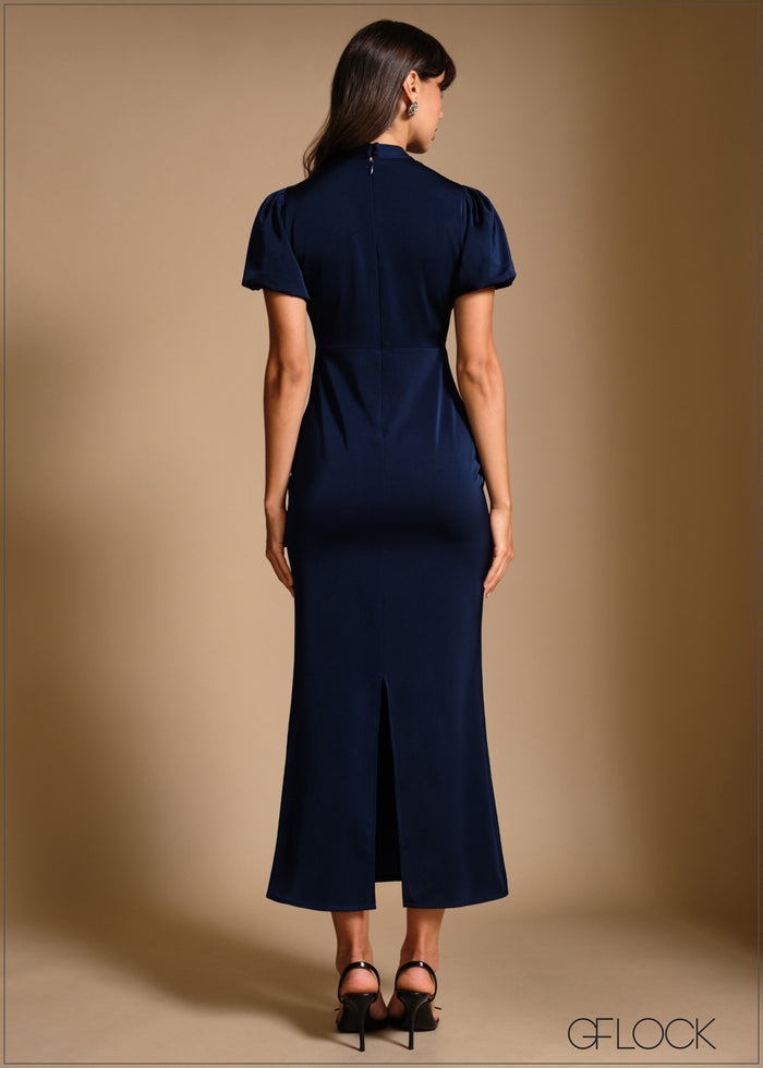 High Neck Puff Sleeve Maxi Dress - 240426