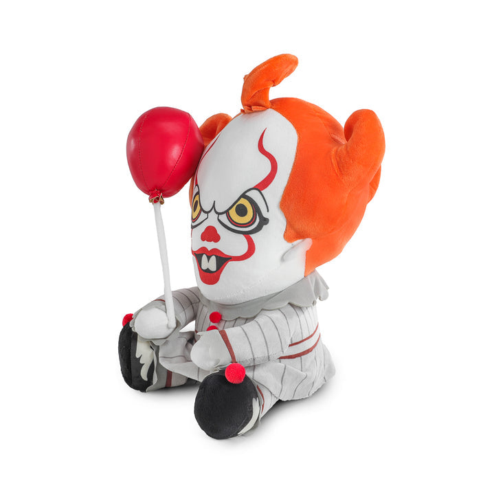 Large IT Pennywise plush toy holding a balloon, featuring shake action, from the "Welcome to Derry" collection.
