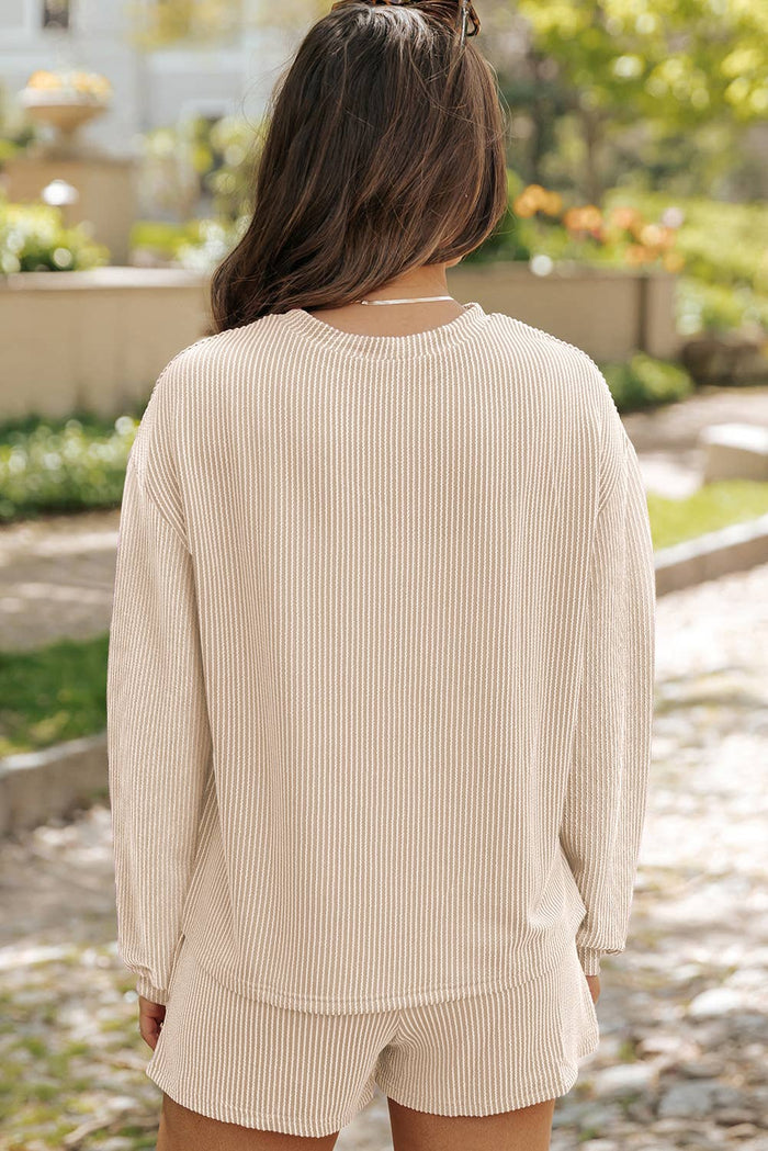LDC Corded Knit Long Sleeve Top and High Waist Shorts Set: Parchment