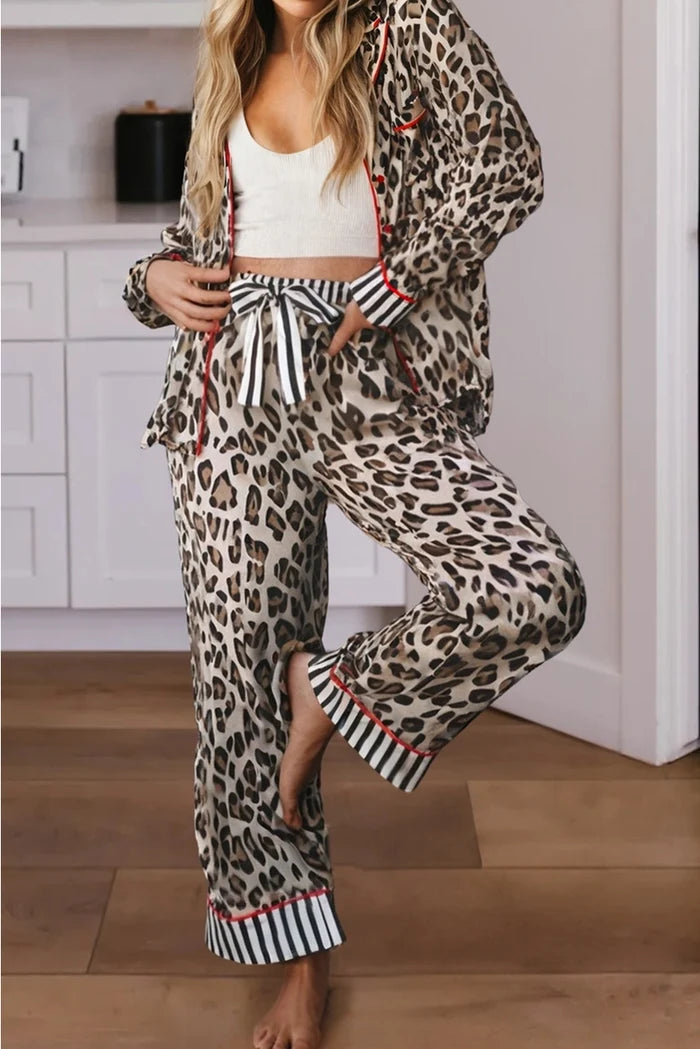Leopard Colorblock Edge Shirt and Pants Pajama Set