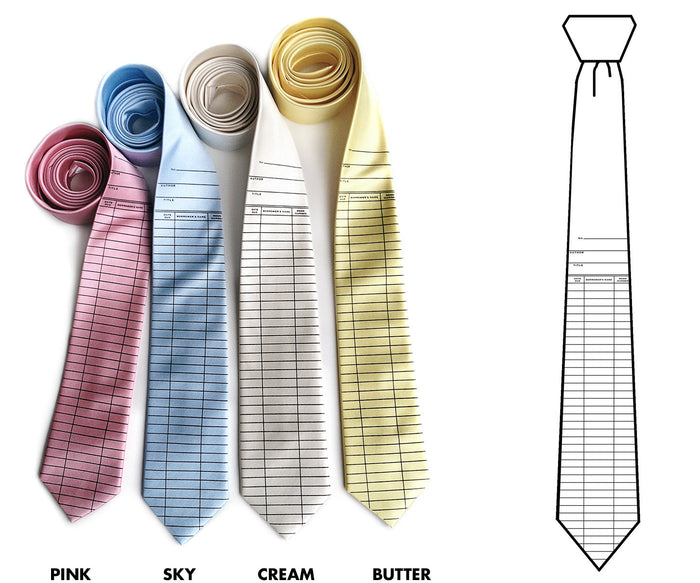 Library necktie: black on pink, sky, cream, butter.