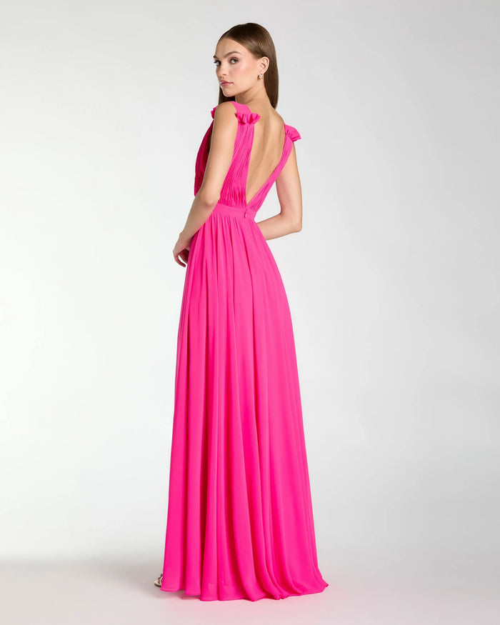Petite Pink Sleeveless Pleated Chiffon V-Neck Gown Ieena for Mac Duggal