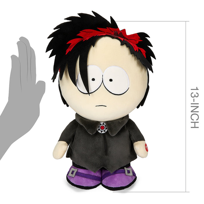 South Park Goth Kid Pete 13-inch plush with sound chip, featuring detailed goth-themed design and soft fabric.