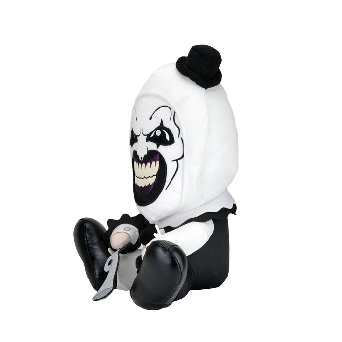 Large plush of Art the Clown from Terrifier 3, featuring detailed costume and expressive face, perfect for horror fans.