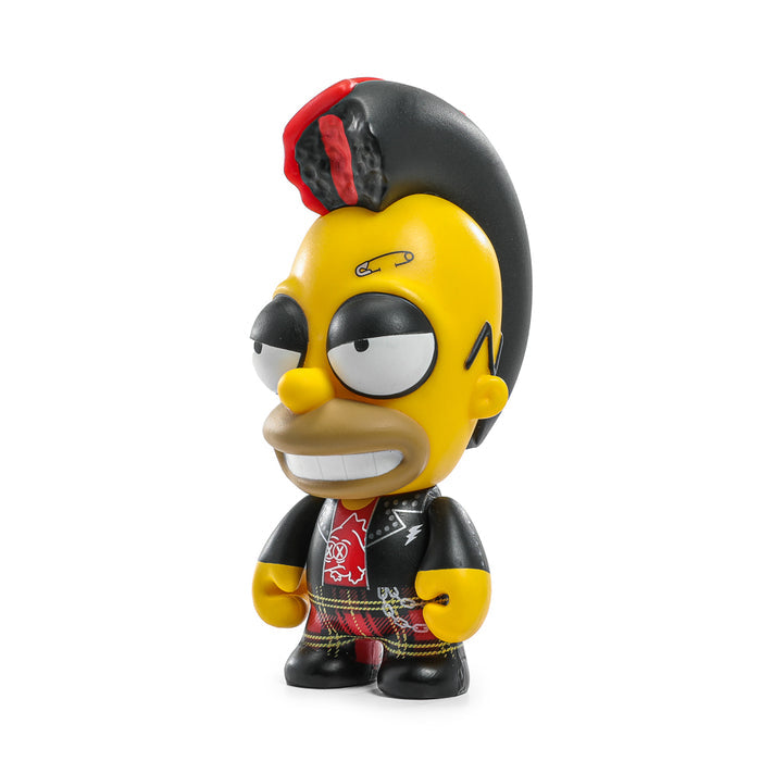 The Simpsons Donut Riot Punk Homer 3-inch vinyl mini figure in Crimson Glaze edition, featuring Homer with punk style and donut accessories.