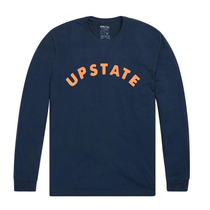 Navy blue long-sleeve shirt with 'UPSTATE' text in orange on a gray background