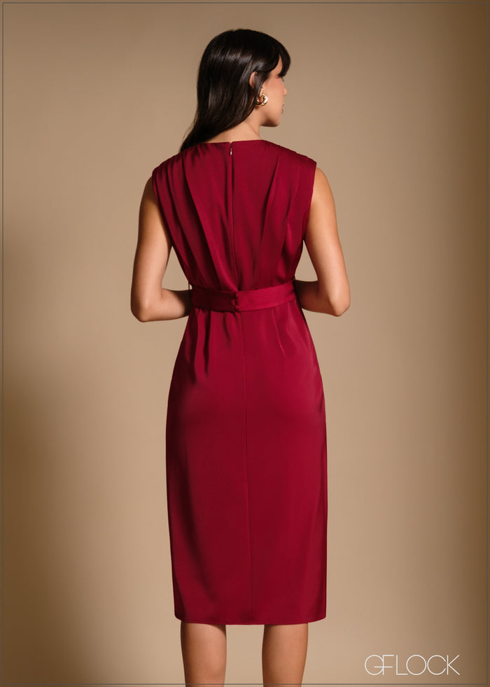 V-Neck Pleat Detail Midi Dress - 240426
