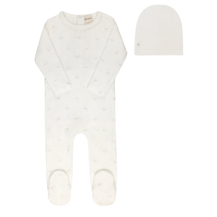 Velour Embroidered Floral Collection - Footie + Beanie