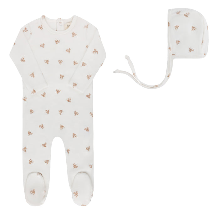 Velour Leaf Pattern Collection - Footie + Bonnet