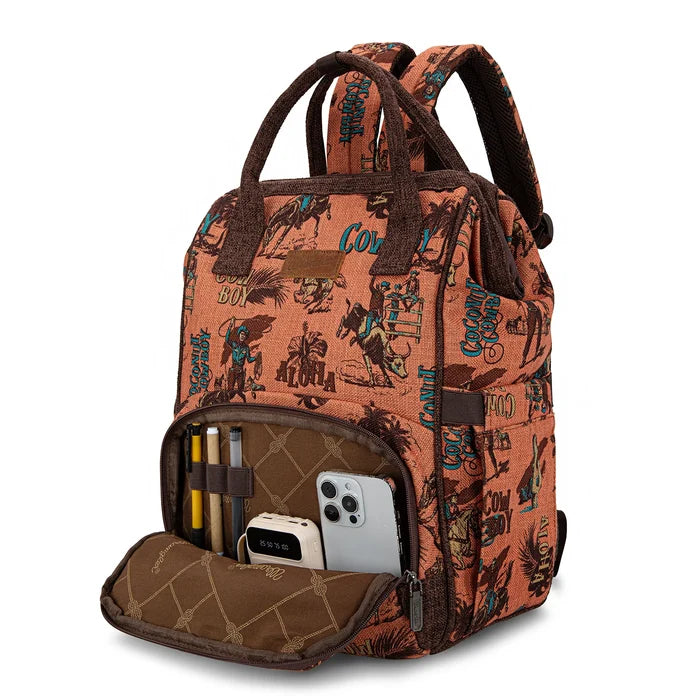 Wrangler Vintage Retro Cowboy Cool Print Backpack -Dark Brown