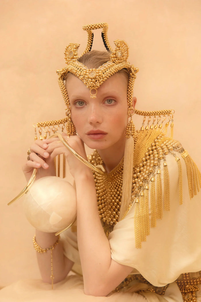 Handcrafted gold cap beaded polyester tassel with gold threads by object and dawna