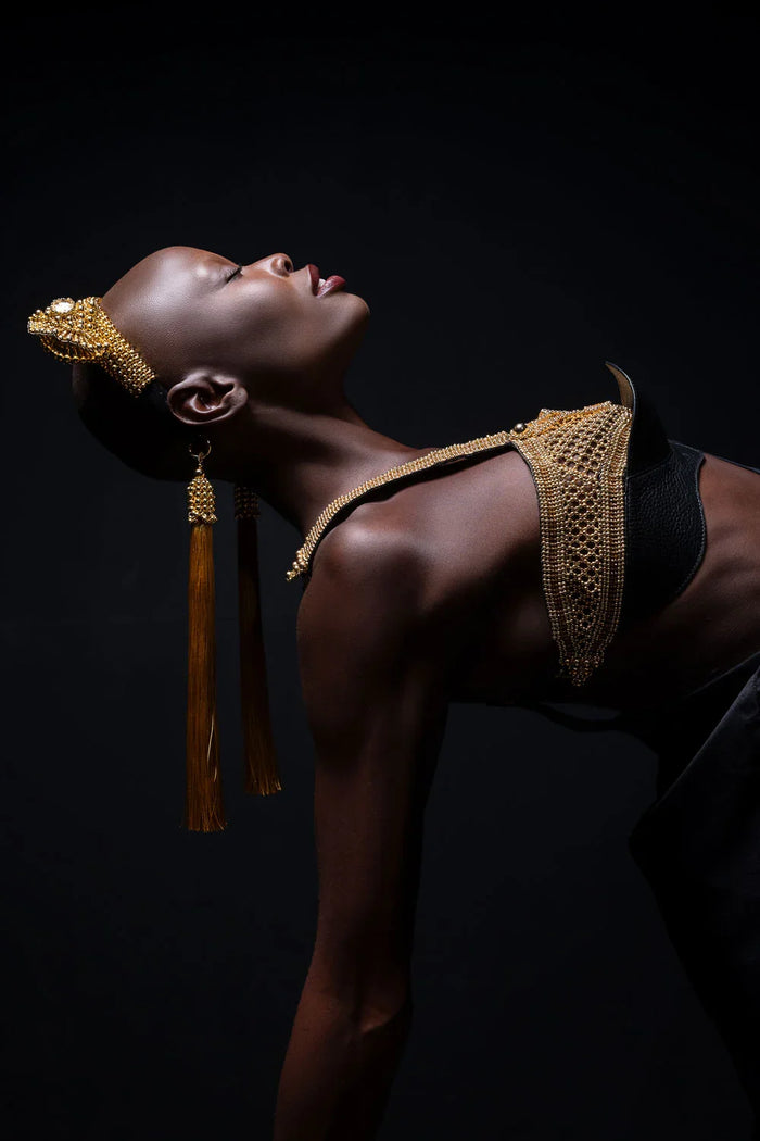 woman wear jas headband gold with removable 11" Polyester tassel gold with dark gold thread by object and dawn