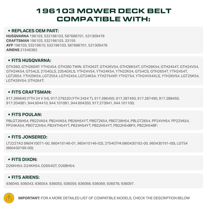 196103, 587686701 Mower Deck Belt Replacement for Husqvarna, Craftsman & More | 54-in Deck | Aramid Cord