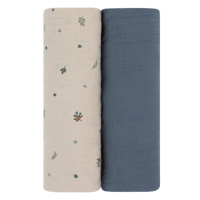 2 Pack Cotton Muslin Swaddle Blanket - Blue Garden Flower