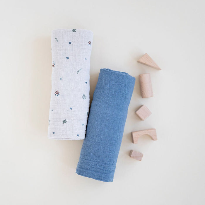 2 Pack Cotton Muslin Swaddle Blanket - Blue Garden Flower
