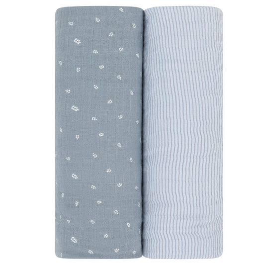 2 Pack Cotton Muslin Swaddle Blanket - Blue Leaf