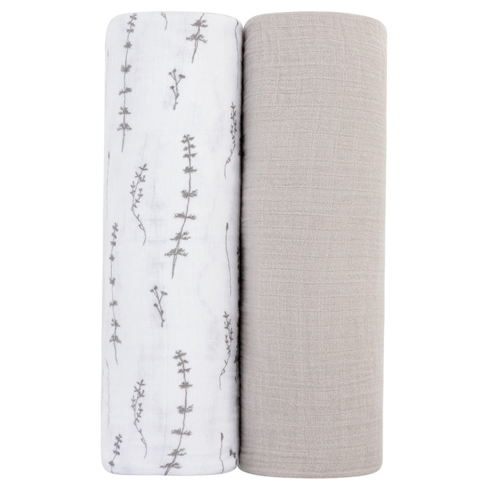 2 Pack Cotton Muslin Swaddle Blanket - Forest Grey Leaf