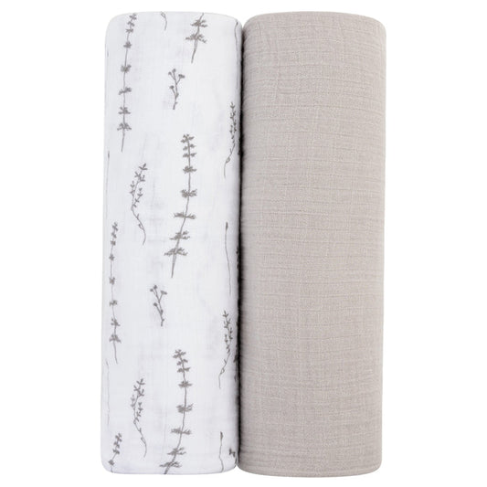 2 Pack Cotton Muslin Swaddle Blanket - Forest Grey Leaf