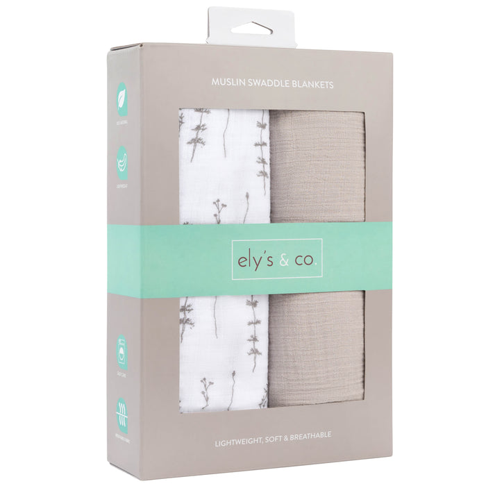 2 Pack Cotton Muslin Swaddle Blanket - Forest Grey Leaf