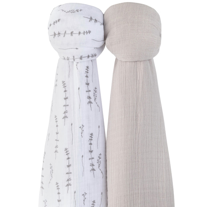 2 Pack Cotton Muslin Swaddle Blanket - Forest Grey Leaf