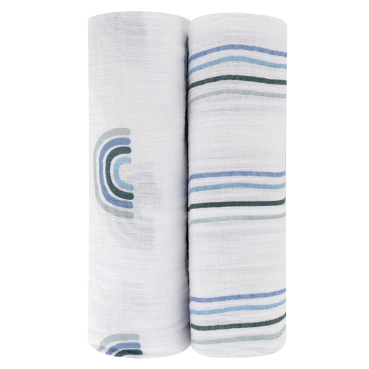 2 Pack Dusty Blue Rainbow Cotton Muslin Swaddle Blanket