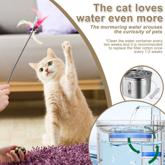 2.2L Stainless Steel Cat Water Fountain - Quiet, Filtered, Easy Clean
