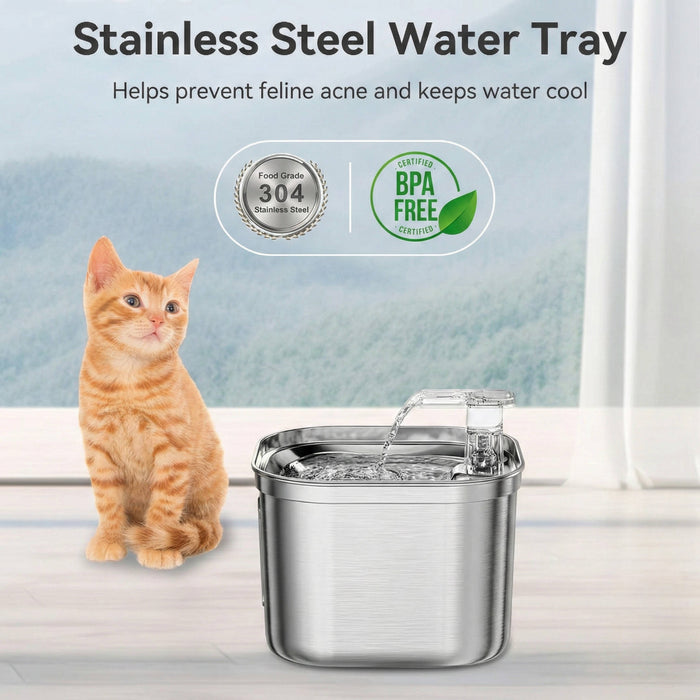 2.2L Stainless Steel Cat Water Fountain - Quiet, Filtered, Easy Clean