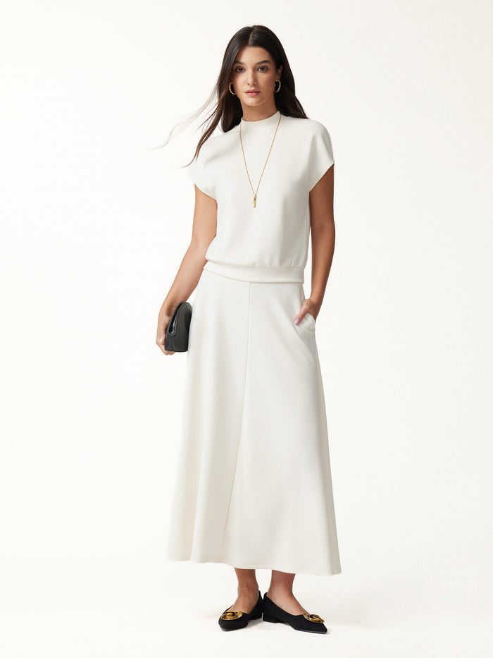 OGLmove 2Pcs Set Mock Neck Cap Sleeve Top & Umbrella Midi Skirt with Pockets Off White XXS