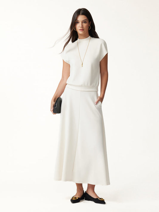 OGLmove 2Pcs Set Mock Neck Cap Sleeve Top & Umbrella Midi Skirt with Pockets Off White XXS