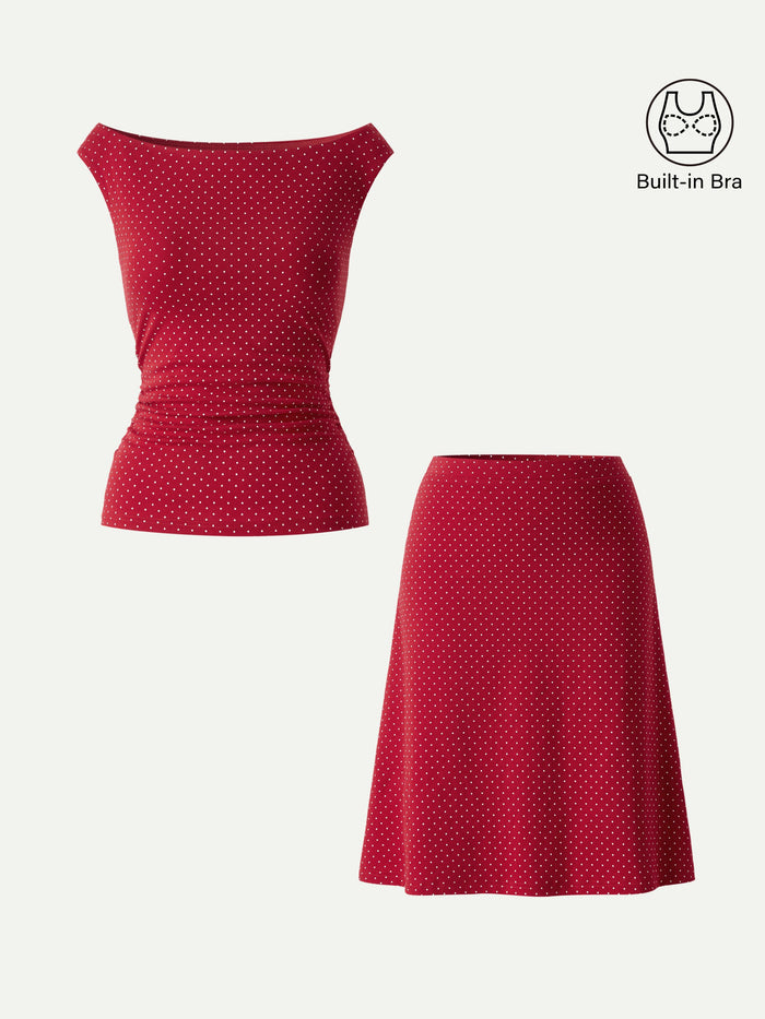 OGLmove 2Pcs Set Polka Dot Boatneck Bra Top & A-Line Skirt Limited Edition