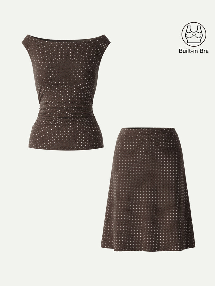 OGLmove 2Pcs Set Polka Dot Boatneck Bra Top & A-Line Skirt Limited Edition