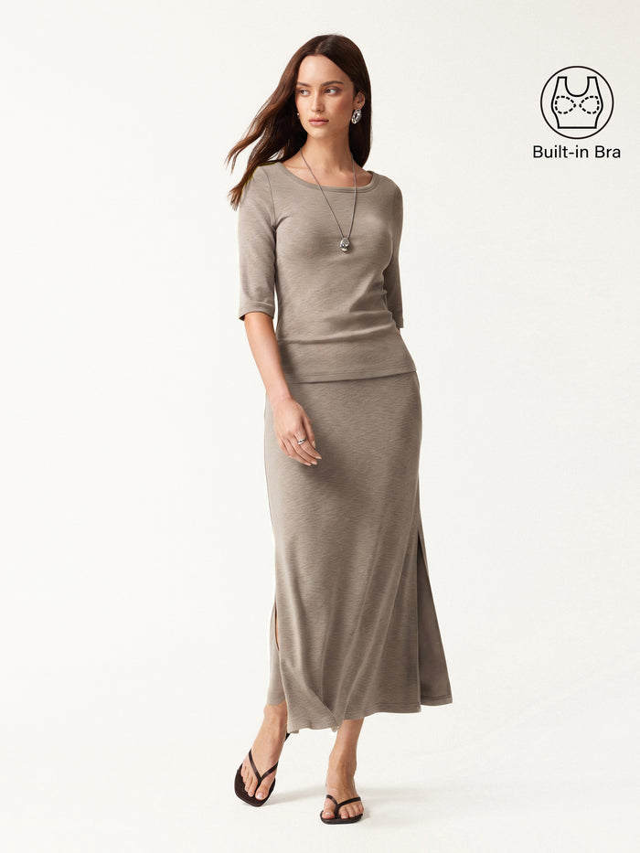 OGLmove 2Pcs Set Round Neck Elbow Sleeve Bra Top & Side-Slit A-Line Midi Skirt Heather Dove XXS