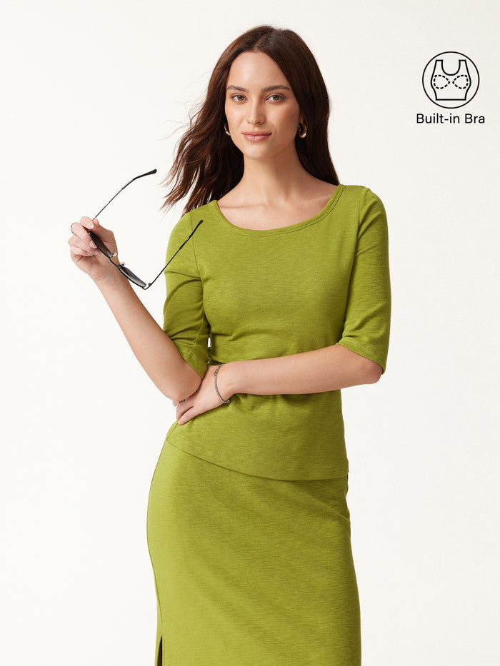 OGLmove 2Pcs Set Round Neck Elbow Sleeve Bra Top & Side-Slit A-Line Midi Skirt
