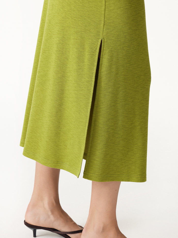 OGLmove 2Pcs Set Round Neck Elbow Sleeve Bra Top & Side-Slit A-Line Midi Skirt