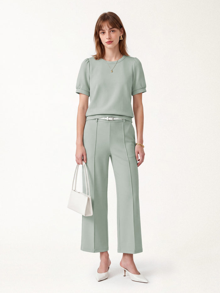OGLmove 2Pcs Set Round Neck Puffed Short Sleeve Top & Cropped Straight-Leg Pants with Pockets