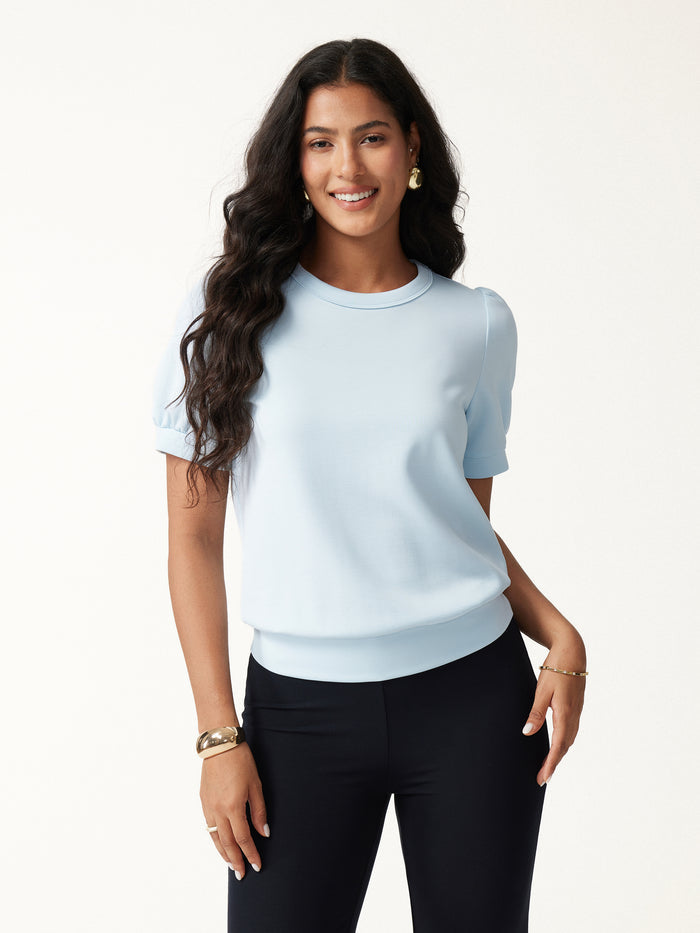 OGLmove 2Pcs Set Round Neck Puffed Short Sleeve Top & Cropped Straight-Leg Pants with Pockets
