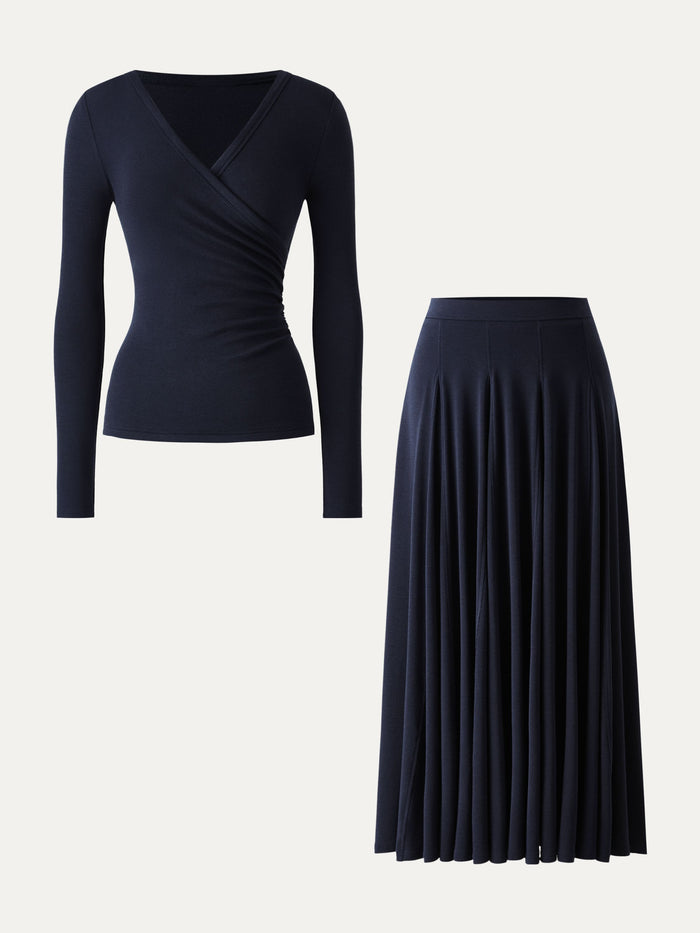 OGLmove 2Pcs Set Surplice Ruched Long Sleeve & Godet Hem Pull-on Maxi Skirt