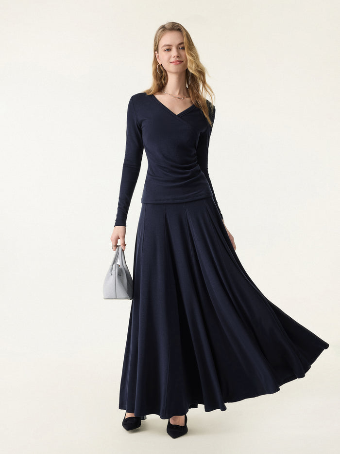OGLmove 2Pcs Set Petite Godet Hem Pull-on Maxi Skirt & Surplice Ruched Long Sleeve