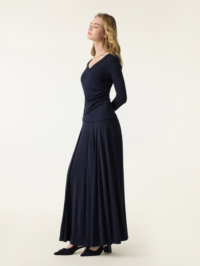 OGLmove 2Pcs Set Petite Godet Hem Pull-on Maxi Skirt & Surplice Ruched Long Sleeve