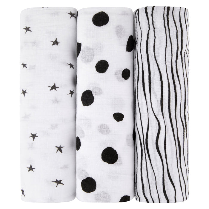 3 Pack Cotton Muslin Swaddle Blanket - Black & White Abstract