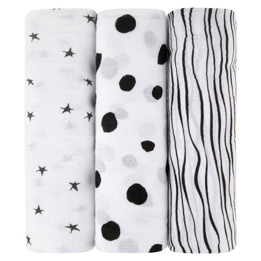 3 Pack Cotton Muslin Swaddle Blanket - Black & White Abstract